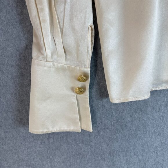 St. John Ivory Silk Button-Up Blouse Size 14 Long Sleeves Gold Buttons FLAWED - Picture 7 of 16